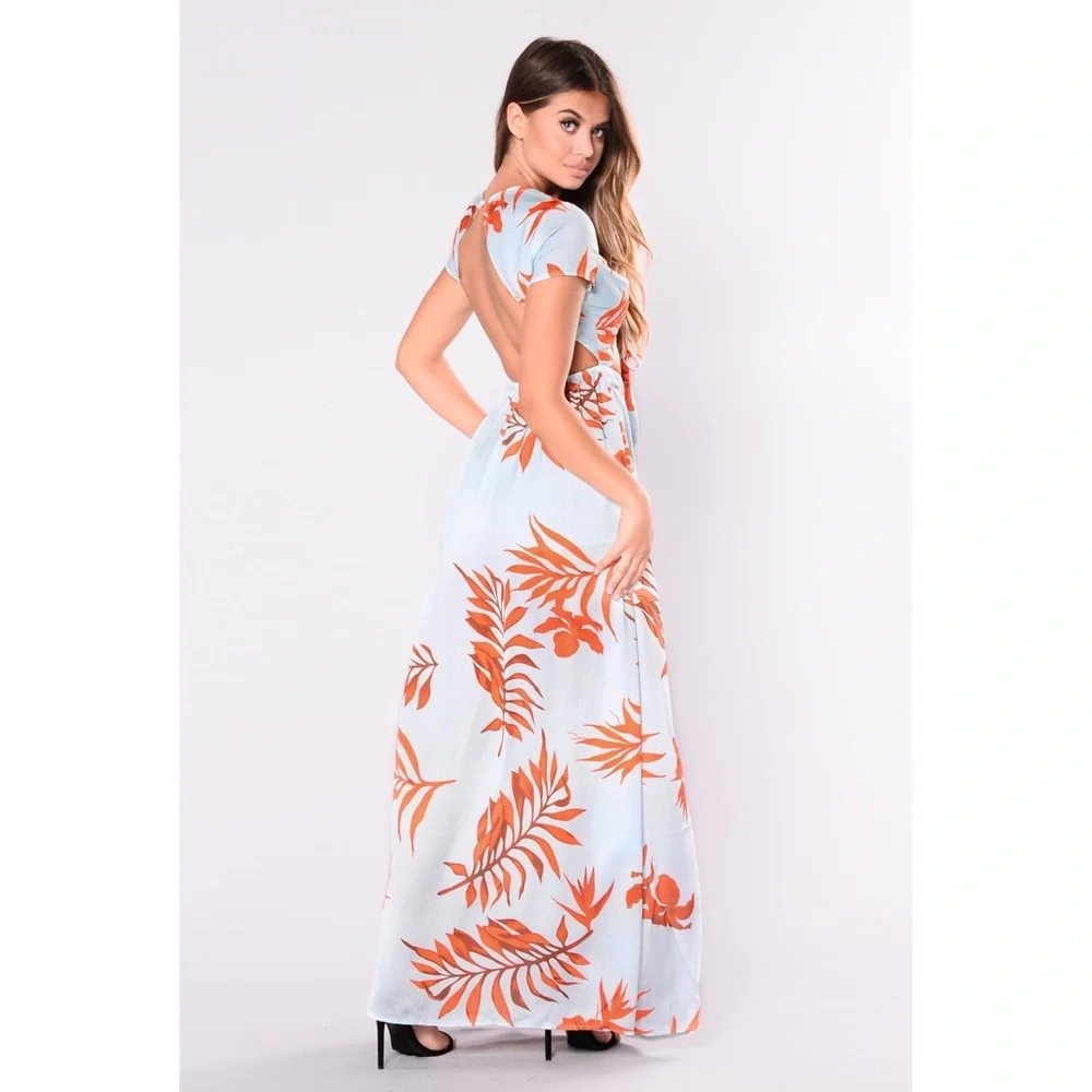 Latiste Mint Blue/Tropical Leaf Orange Island Hop Cut Out Maxi Dress. NWT Size S - Picture 5 of 13